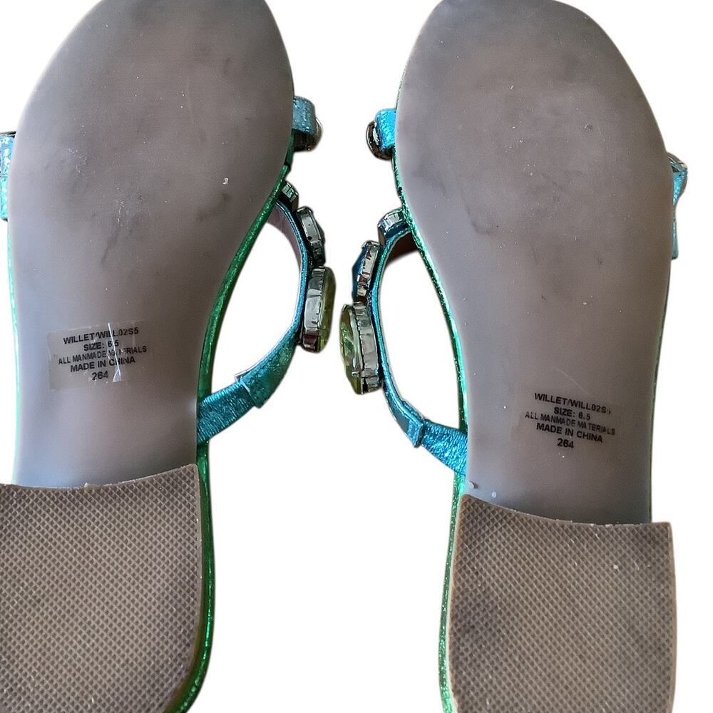 BETSEY JOHNSON WILLET BEJEWELED GREEN METALLIC SLIDES 6.5 - Picture 8 of 10